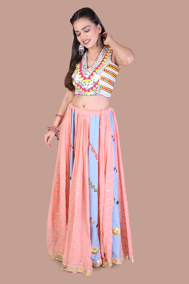 peach multicolor striped lehenga with embroidered blouse