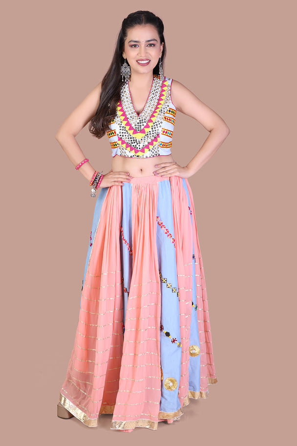 peach multicolor striped lehenga with embroidered blouse