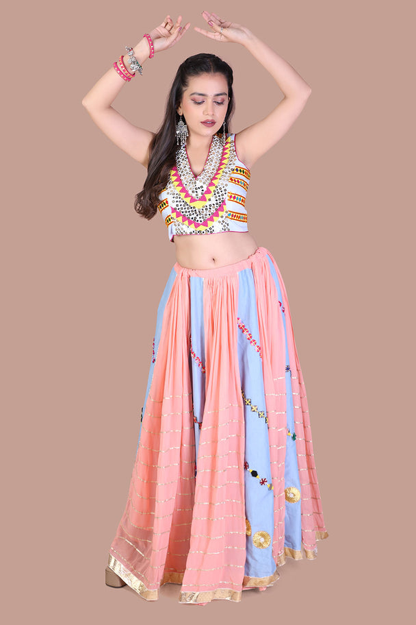 peach multicolor striped lehenga with embroidered blouse