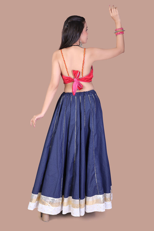 navy blue lehenga with red embroidered blouse & white border