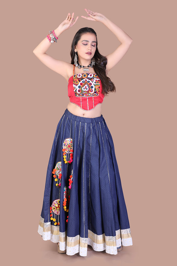 navy blue lehenga with red embroidered blouse & white border