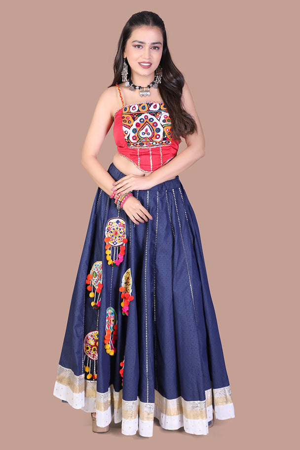 navy blue lehenga with red embroidered blouse & white border