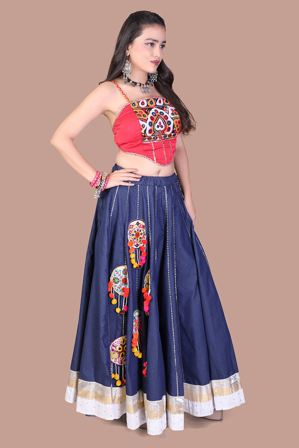 navy blue lehenga with red embroidered blouse & white border