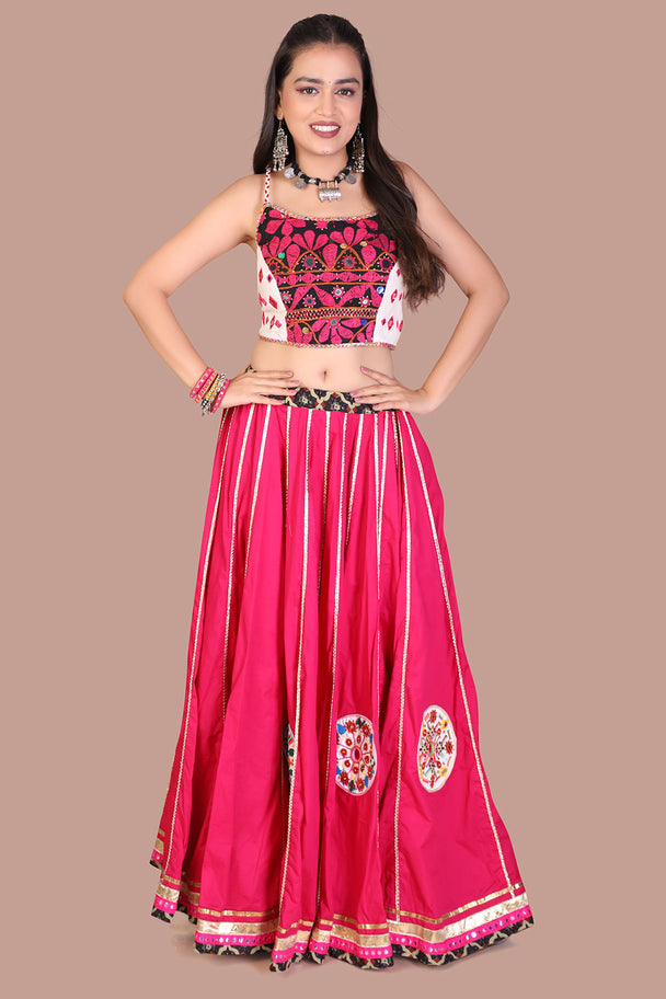 hot pink lehenga with black embroidered blouse & pink dupatta