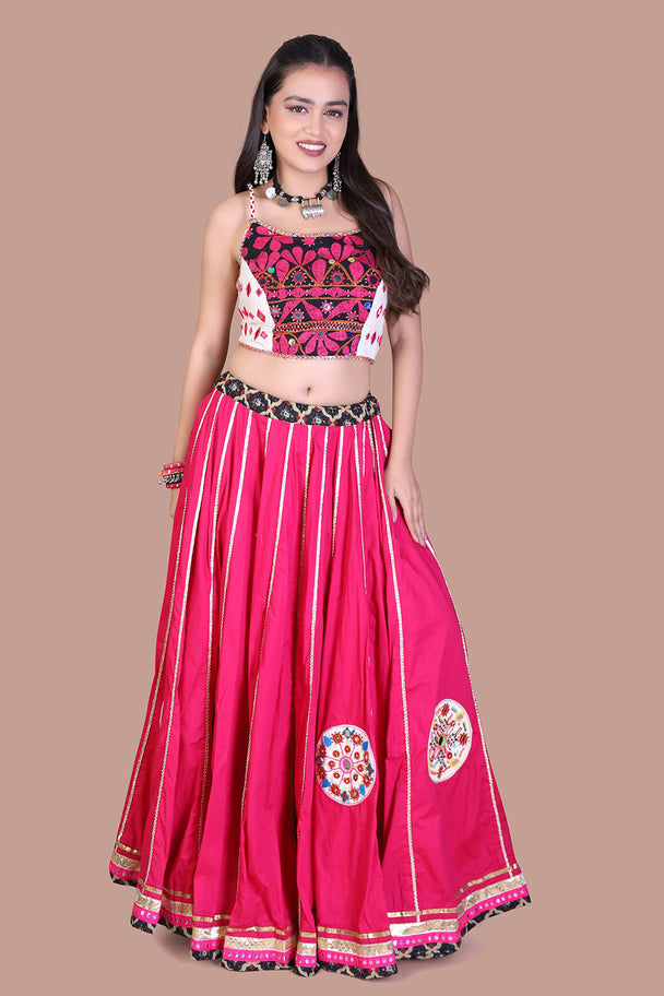 hot pink lehenga with black embroidered blouse & pink dupatta