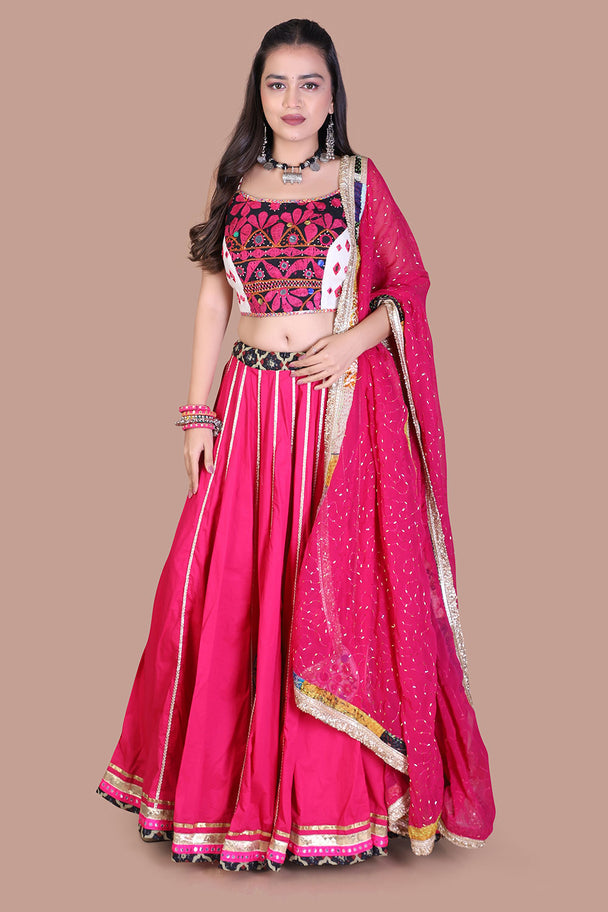 hot pink lehenga with black embroidered blouse & pink dupatta