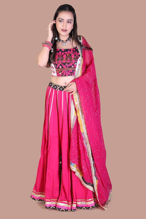 hot pink lehenga with black embroidered blouse & pink dupatta