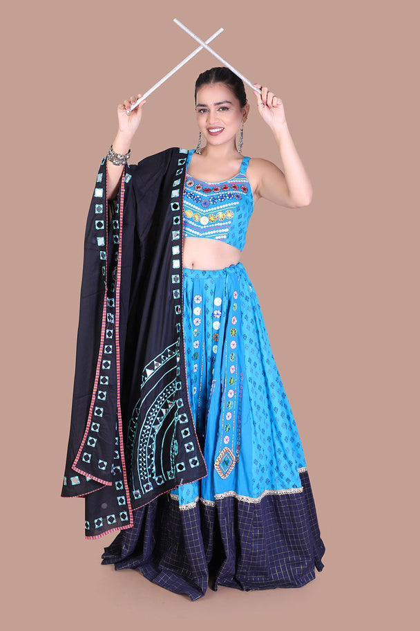 turquoise blue lehenga choli with black printed dupatta
