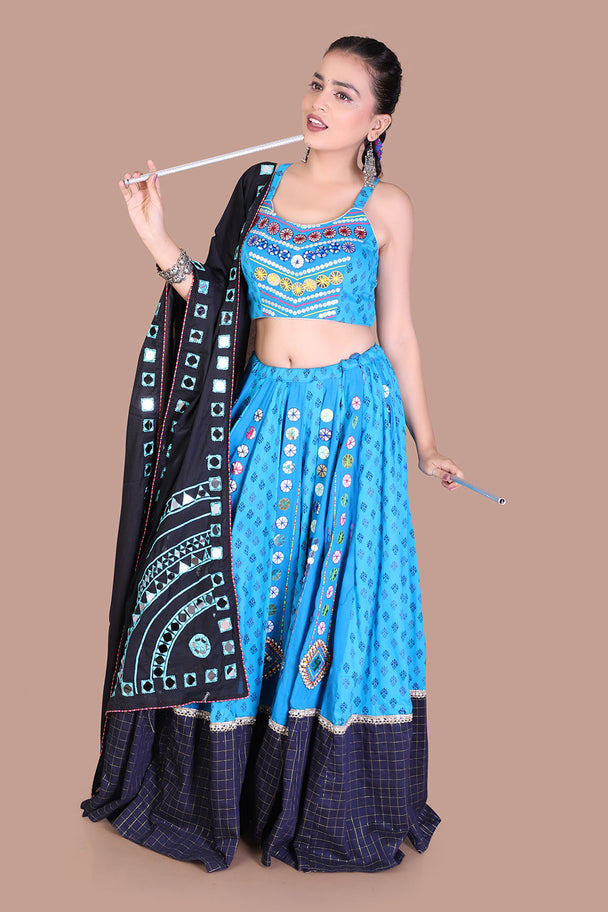 turquoise blue lehenga choli with black printed dupatta