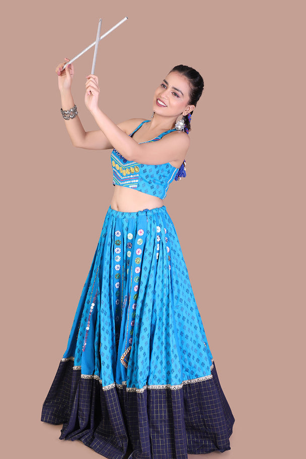 turquoise blue lehenga choli with black printed dupatta