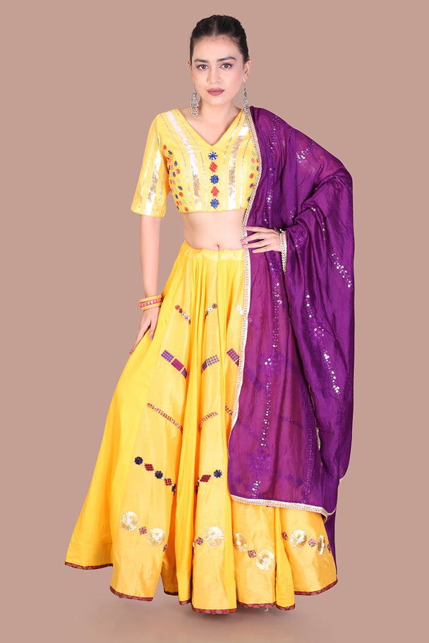 mustard yellow lehenga with purple blouse & dupatta