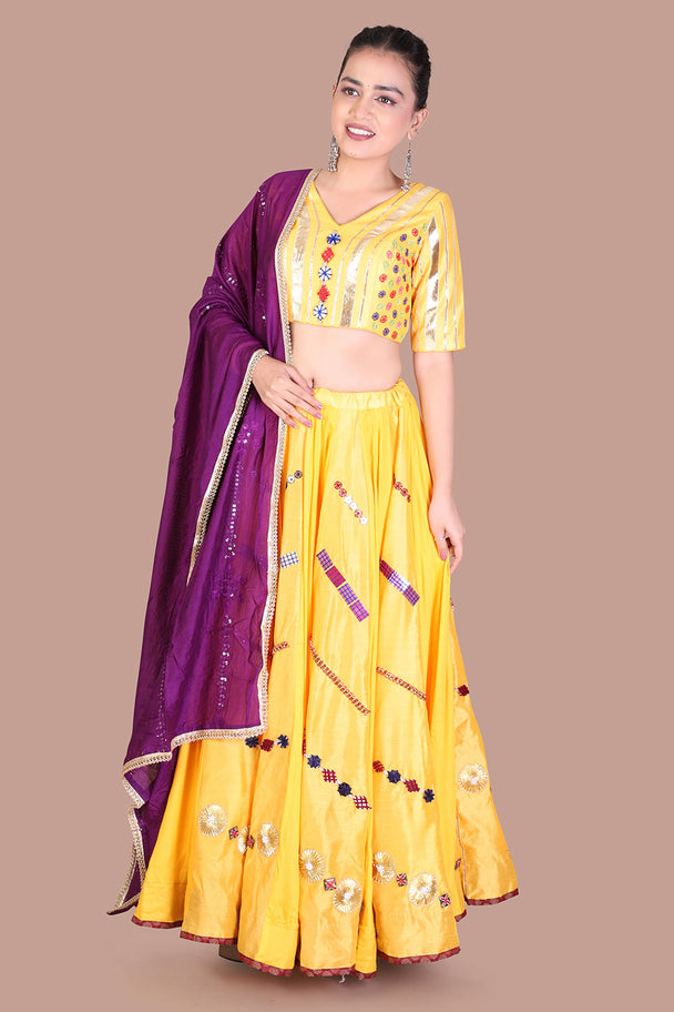mustard yellow lehenga with purple blouse & dupatta