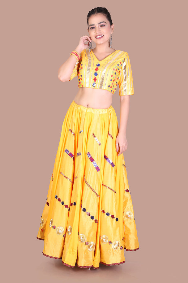 mustard yellow lehenga with purple blouse & dupatta