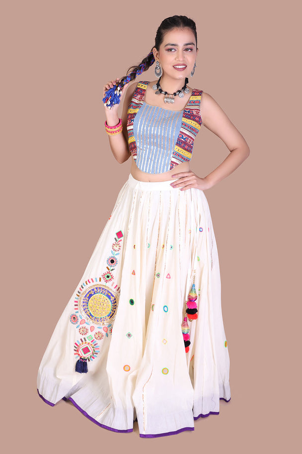 ivory printed lehenga with multicolor motifs & blue blouse