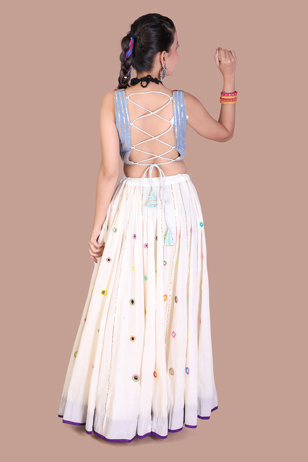 ivory printed lehenga with multicolor motifs & blue blouse