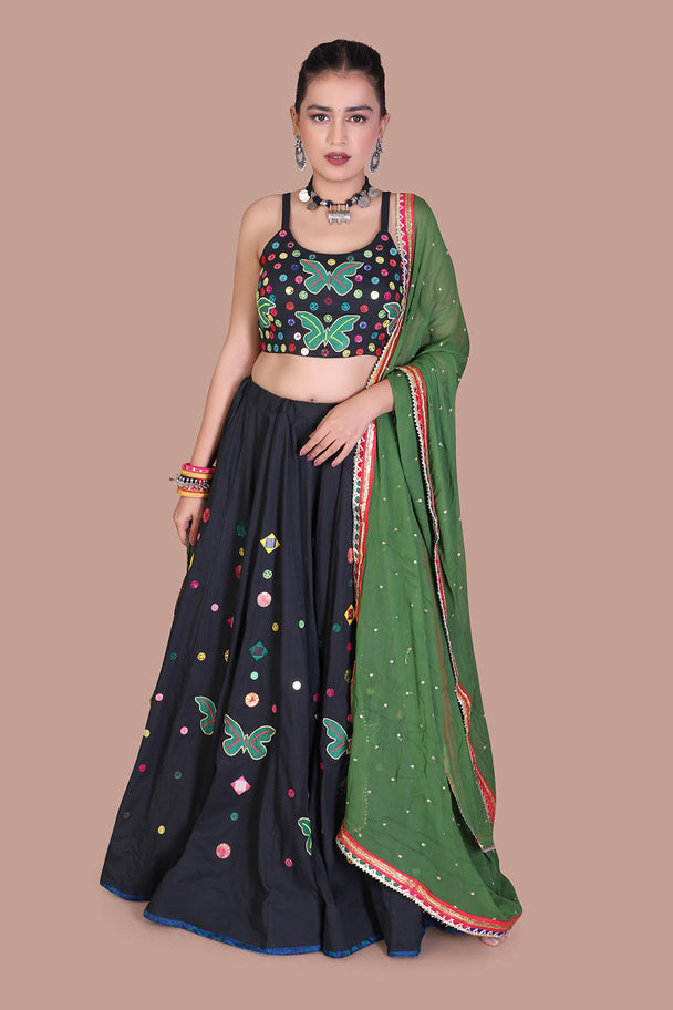 black floral lehenga choli with green blouse & dupatta