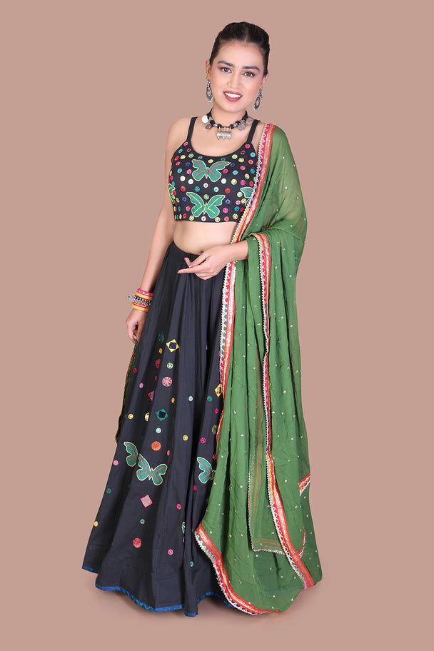 black floral lehenga choli with green blouse & dupatta