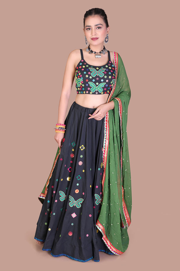 black floral lehenga choli with green blouse & dupatta