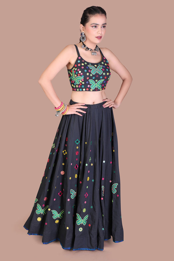 black floral lehenga choli with green blouse & dupatta