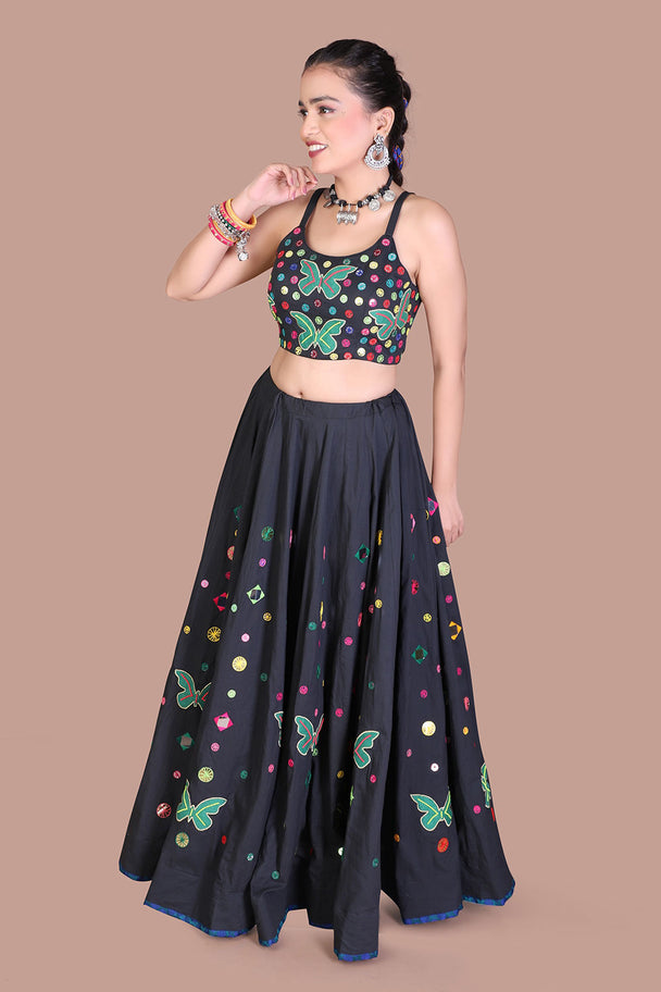 black floral lehenga choli with green blouse & dupatta
