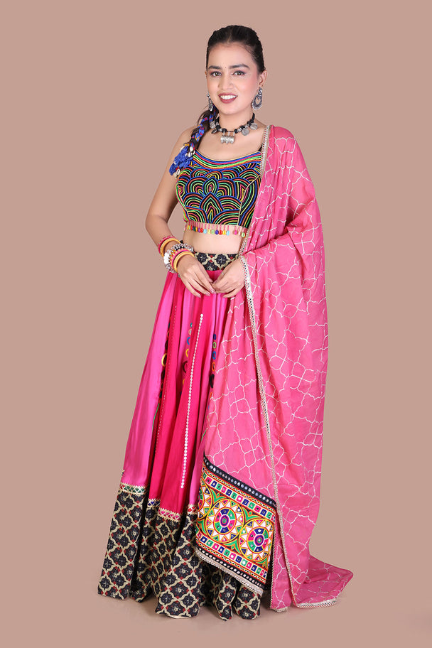 hot pink lehenga with black mirror work blouse & printed border
