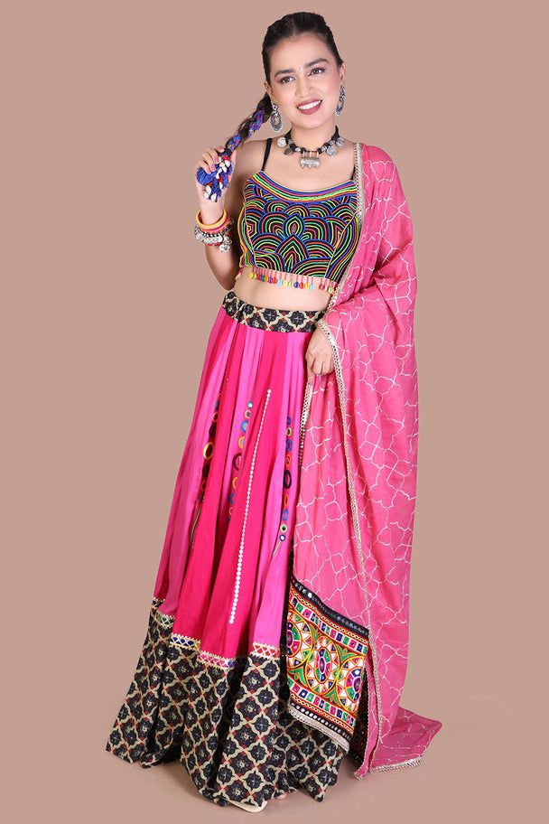 hot pink lehenga with black mirror work blouse & printed border