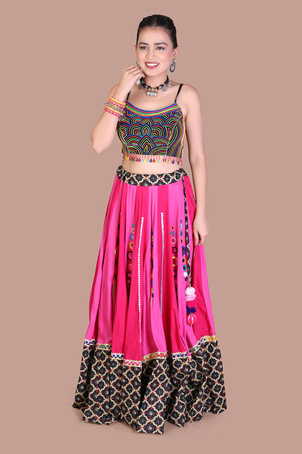 hot pink lehenga with black mirror work blouse & printed border
