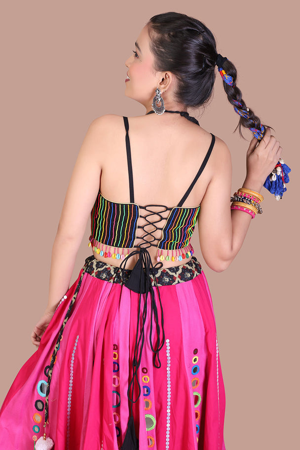 hot pink lehenga with black mirror work blouse & printed border