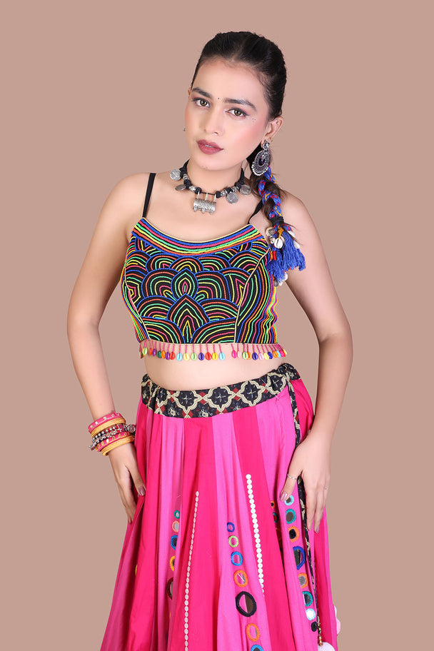 hot pink lehenga with black mirror work blouse & printed border