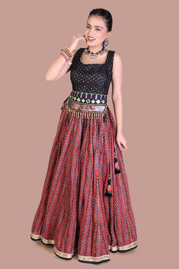 black & wine mirror work lehenga choli set