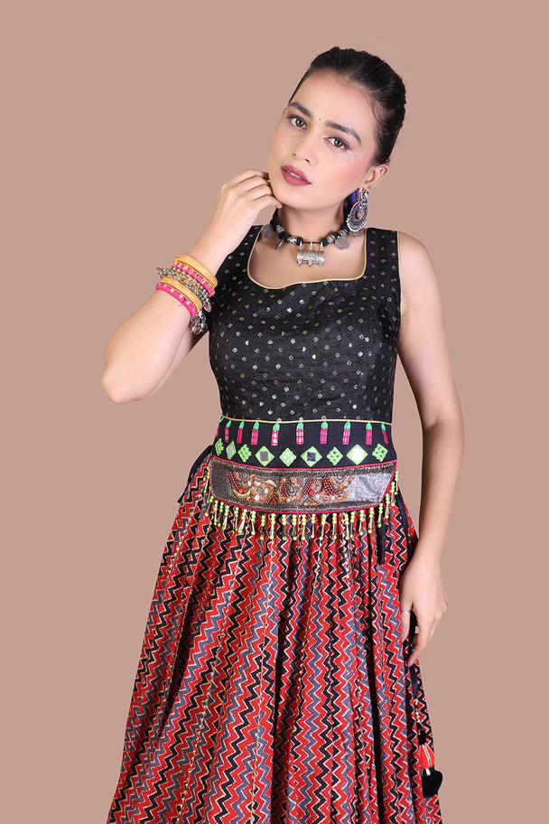 black & wine mirror work lehenga choli set