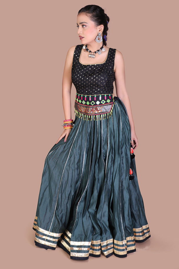 charcoal blue lehenga with black blouse & metallic border