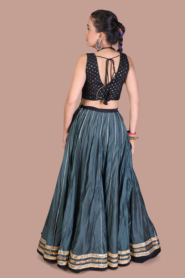 charcoal blue lehenga with black blouse & metallic border