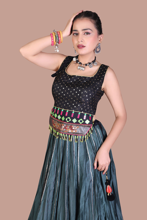 charcoal blue lehenga with black blouse & metallic border