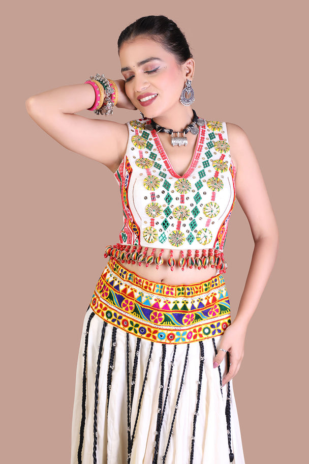 ivory floral lehenga with embroidered blouse & green printed border
