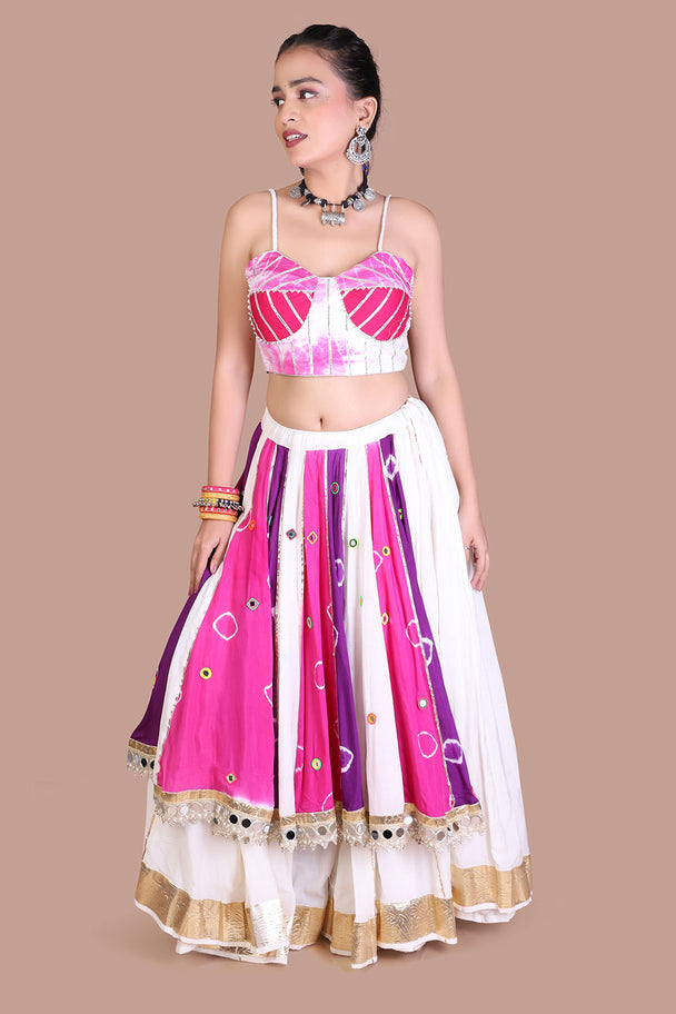 white & pink striped lehenga with embroidered pink blouse