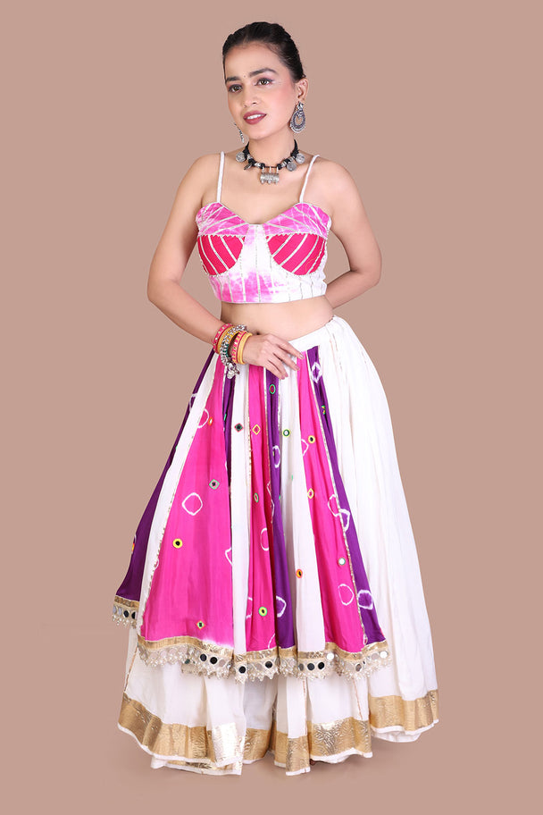 white & pink striped lehenga with embroidered pink blouse