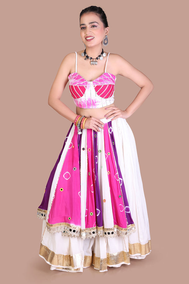 white & pink striped lehenga with embroidered pink blouse