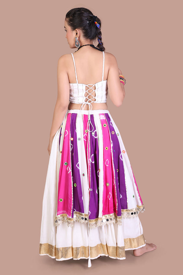 white & pink striped lehenga with embroidered pink blouse