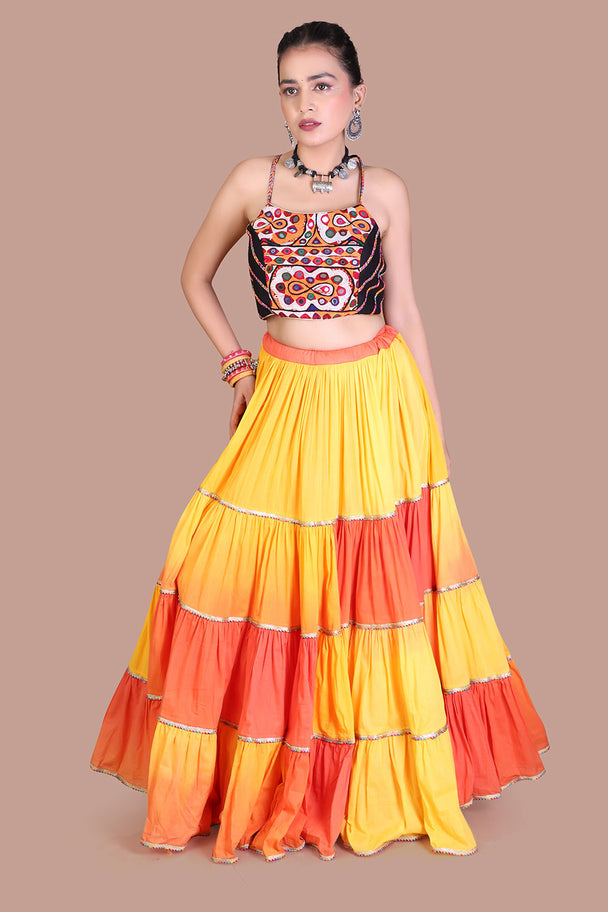 yellow & orange tiered lehenga with printed blouse