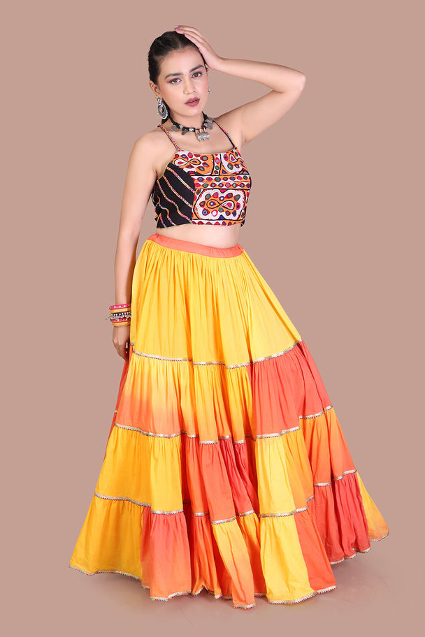 yellow & orange tiered lehenga with printed blouse
