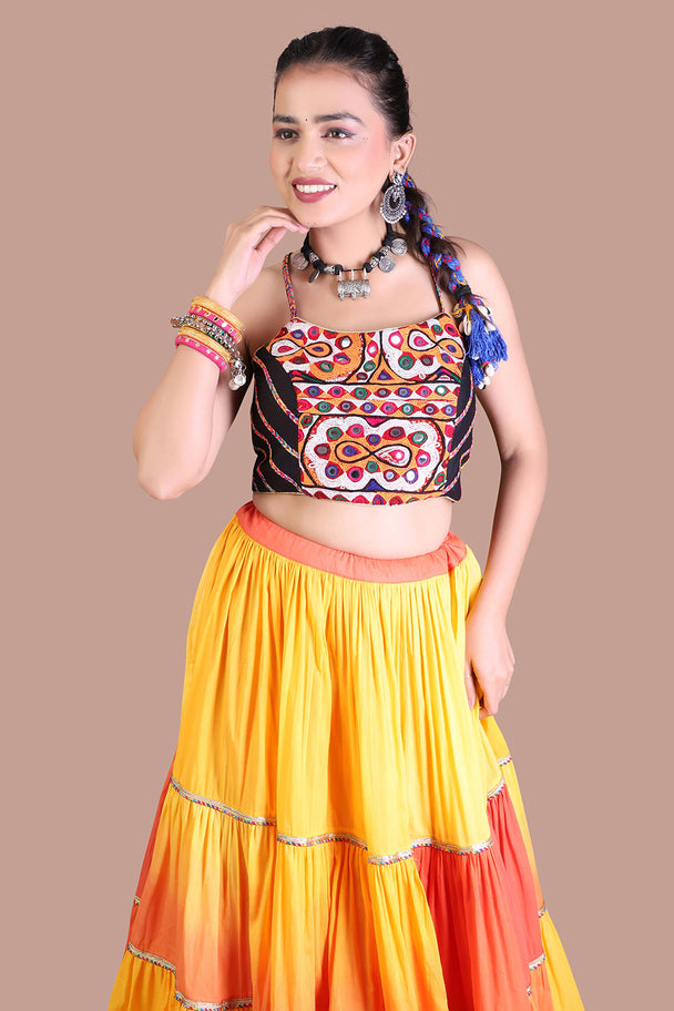 yellow & orange tiered lehenga with printed blouse
