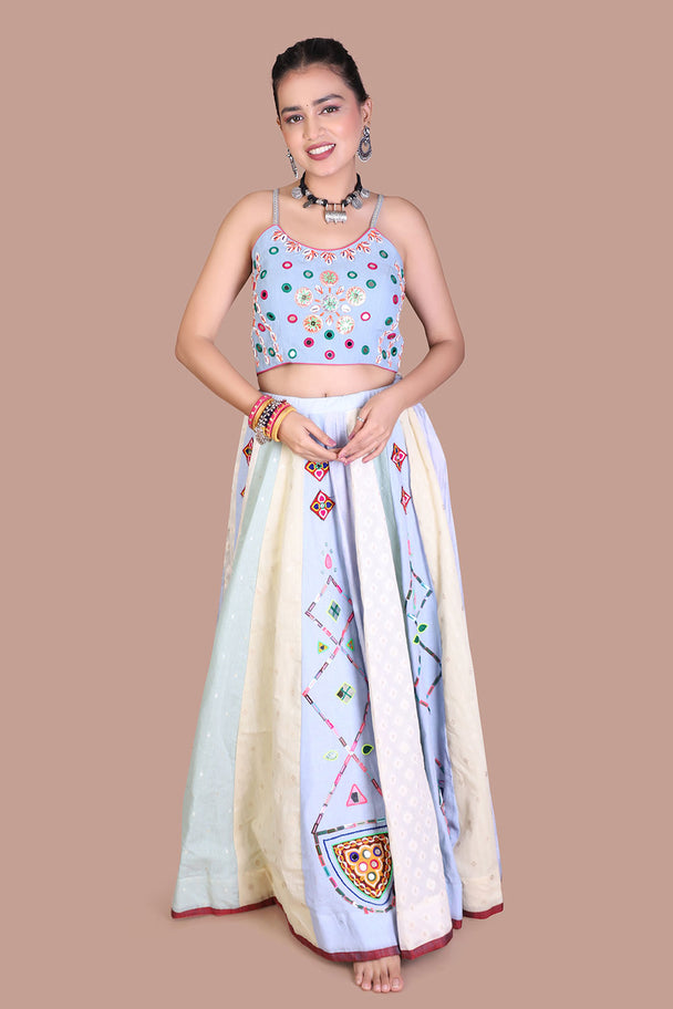 ivory blue printed lehenga with embroidered blouse & blue dupatta
