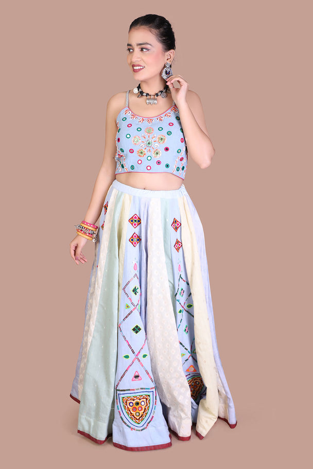 ivory blue printed lehenga with embroidered blouse & blue dupatta