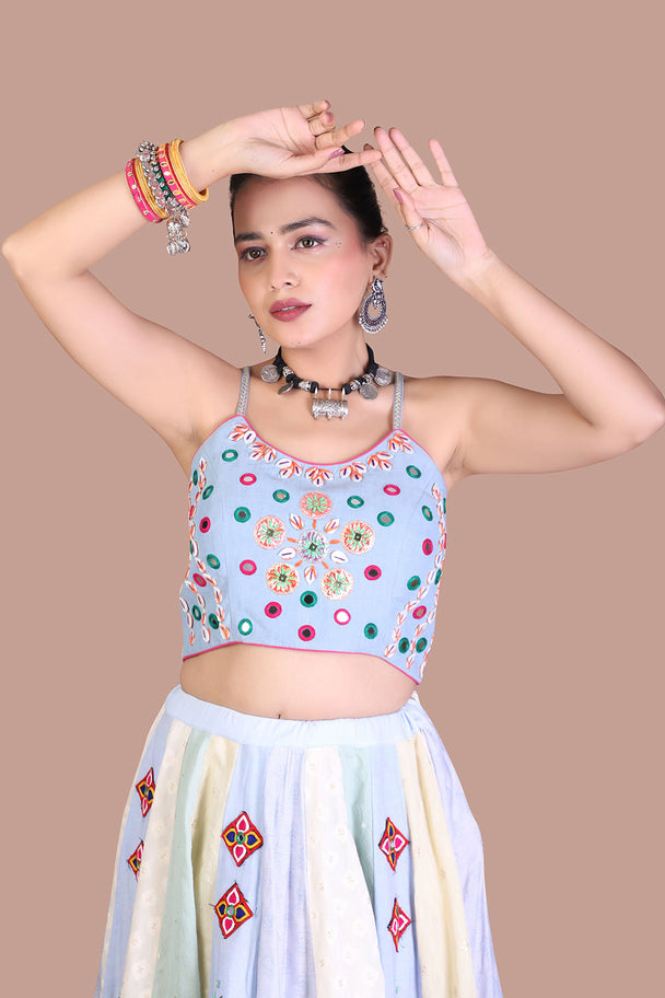 ivory blue printed lehenga with embroidered blouse & blue dupatta