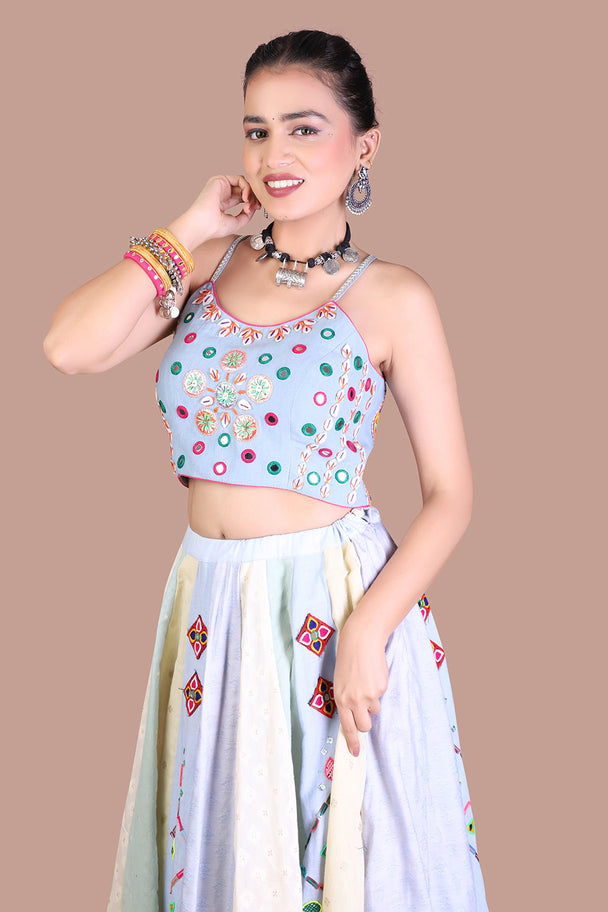 ivory blue printed lehenga with embroidered blouse & blue dupatta