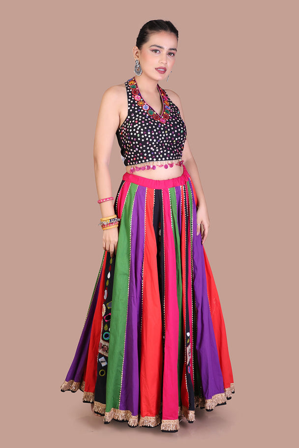multicolor striped lehenga with black embroidered blouse