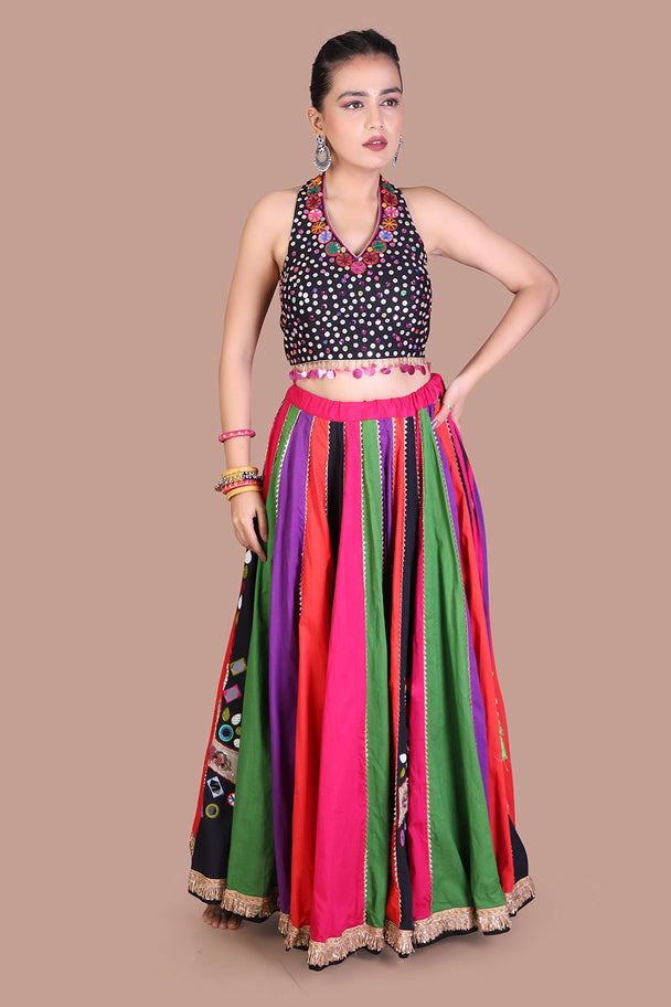 multicolor striped lehenga with black embroidered blouse