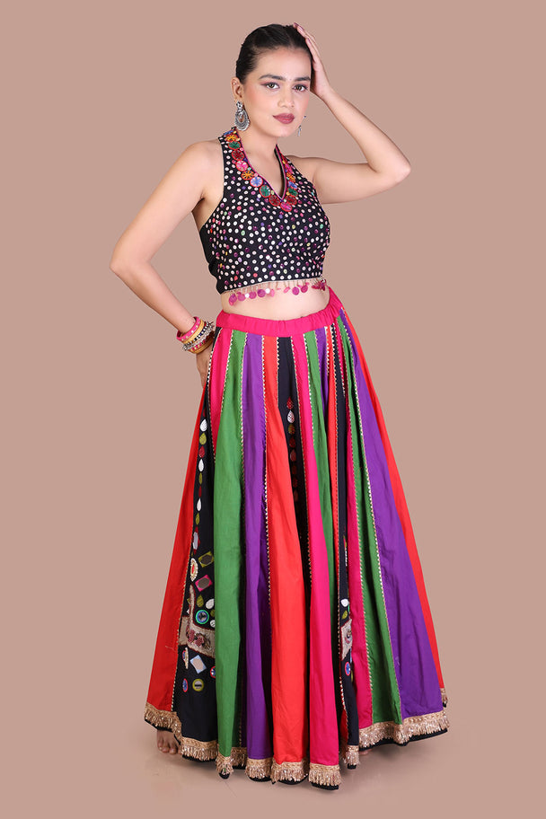 multicolor striped lehenga with black embroidered blouse