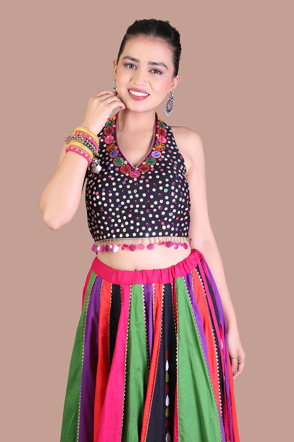 multicolor striped lehenga with black embroidered blouse